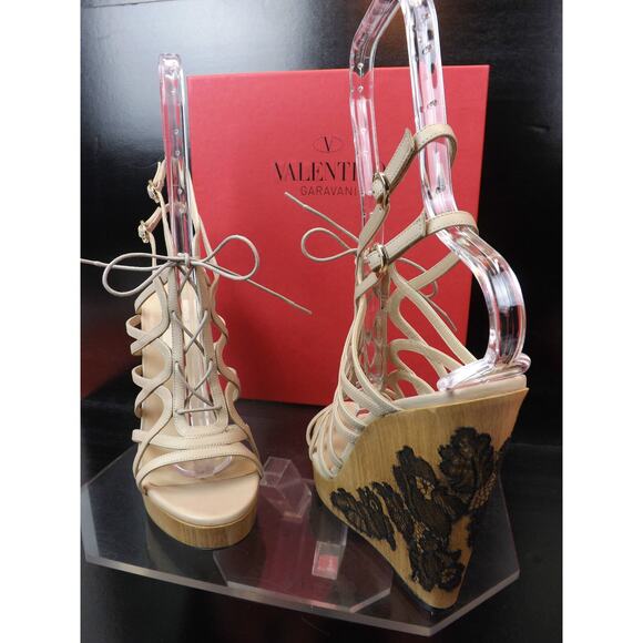 NIB VALENTINO NUDE LEATHER CAGE LACE UP WOODEN LACE WEDGES SANDALS 40 $1095 - Picture 11 of 12
